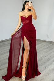 Sheath Sweetheart Neck Floor-Length Chiffon Burgundy Prom Dress with Draped Bodice and High Slit