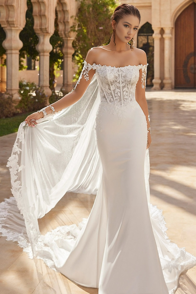 Mermaid Satin Lace Corset Off Shoulder Boho Wedding Dresses for Bride HE876