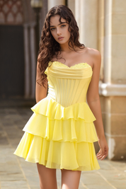 A-Line Strapless Short/Mini Chiffon Yellow Tiered Ruffle Homecoming Dress