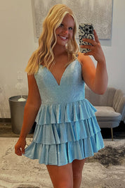 A-Line Deep V Neck Short/Mini Light Blue Tiered Homecoming Dress with Ruffle Skirt