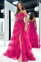 A-Line Off-the-Shoulder Floor-Length Fuchsia Tulle Prom Dress with Floral Sequin Lace and Slit