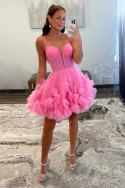 A-Line Sweetheart Short/Mini Pink Tulle Homecoming Dress with Corset Bodice and Ruffled Skirt