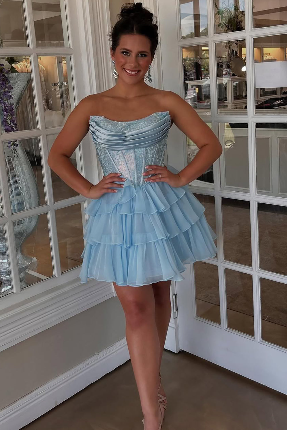 A-Line Straight Neck Short/Mini Black Tulle Homecoming Dress with Beaded Corset Bodice