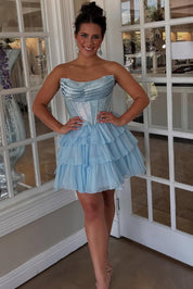 A-Line Straight Neck Short/Mini Black Tulle Homecoming Dress with Beaded Corset Bodice