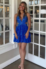 A-Line Plunging V-Neck Short/Mini Sequin Royal Blue Homecoming Dress with Tiered Skirt
