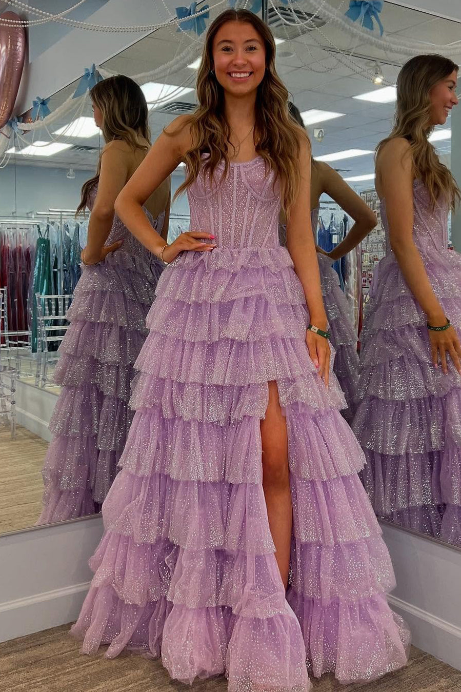 A-Line Square Neck Floor-Length Lavender Tulle Tiered Ruffle Prom Dress with High Slit