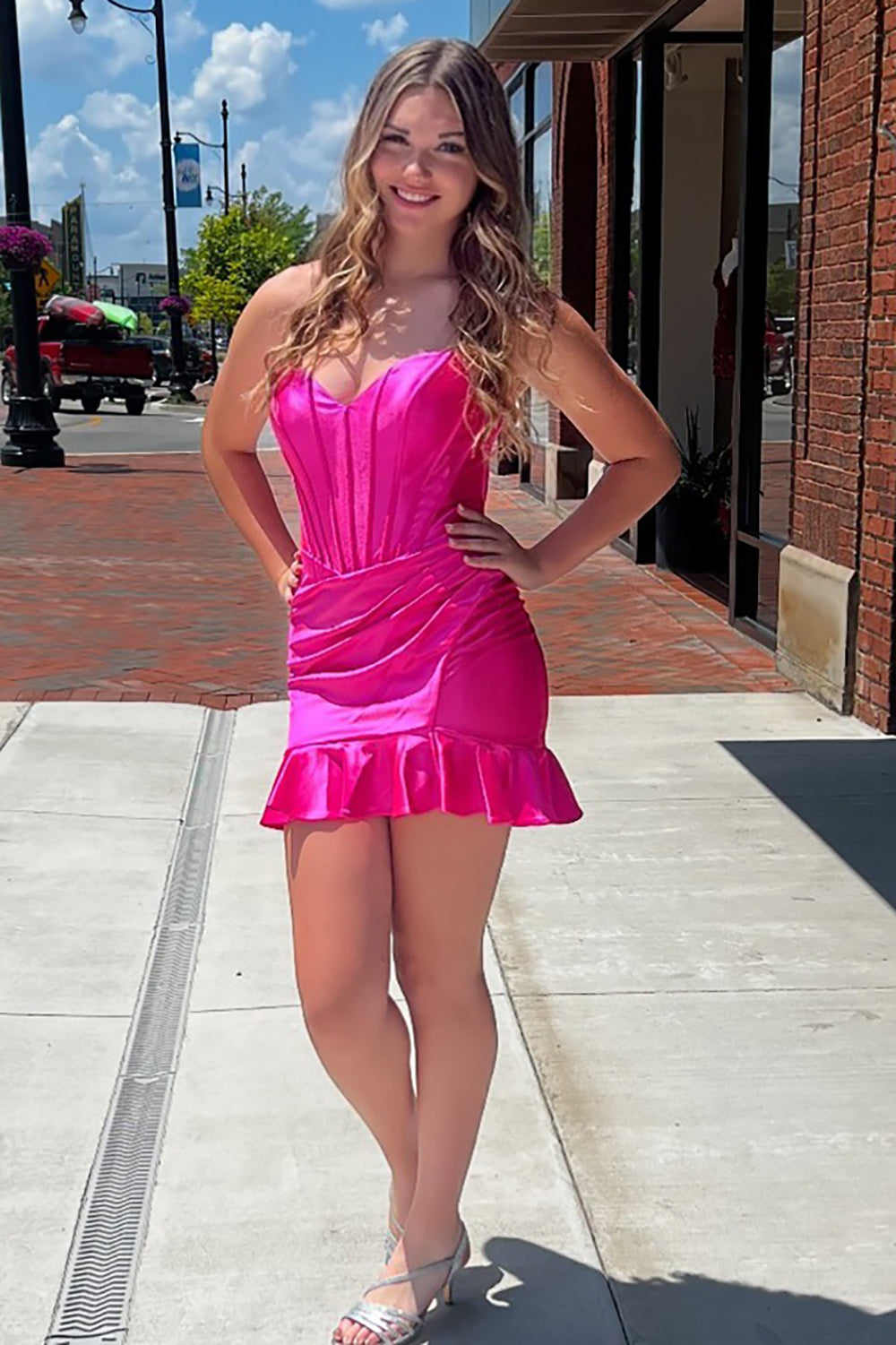 A-Line V-Neck Short/Mini Satin Fuchsia Homecoming Dress with Ruched Skirt