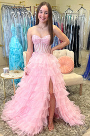 A-Line Sweetheart Floor-Length Tulle Pink Tiered Ruffle Prom Dress with Corset Bodice