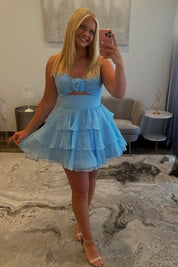 A-Line Sweetheart Neck Short/Mini Chiffon Light Blue Tiered Ruffle Prom Dress