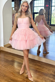 A-Line Spaghetti Straps Short/Mini Tulle Light Pink Homecoming Dress with Tiered Skirt
