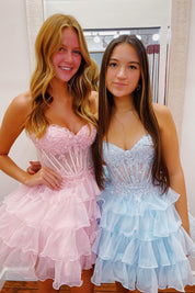 A-Line Sweetheart Neck Short/Mini Pink Tulle Homecoming Dress with Lace Corset Bodice