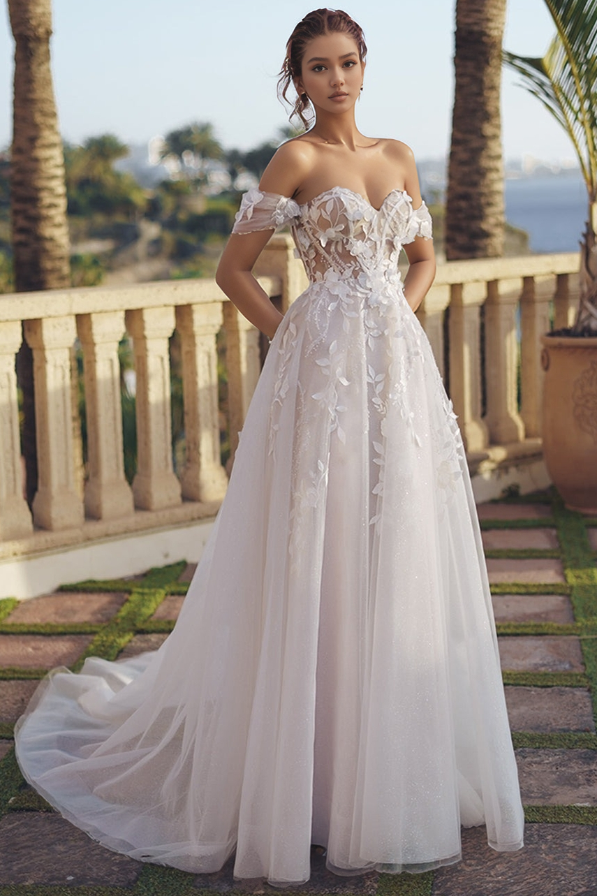 A-Line Off-the-Shoulder Floor-Length Tulle Lace Floral Appliqué Prom Dress