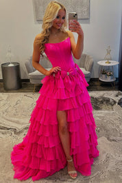 A-Line Square Neck Floor-Length Chiffon Prom Dress in Hot Pink with Tiered Ruffles and Bow Accent