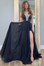 A-Line Deep V Neck Floor-Length Black Chiffon Prom Dress with Beaded Trim and High Slit
