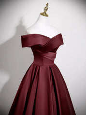 A-Line Off Shoulder Satin Burgundy Long Prom Dress, Burgundy Long Formal Dress