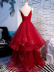 Red A-Line V Neck Floor-Length Tulle Prom Dress with Layered Ruffle Skirt