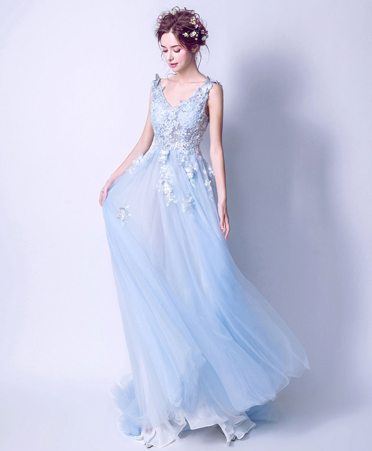A-Line V-Neck Floor-Length Tulle Dress with 3D Floral Lace Appliqué Prom Dress