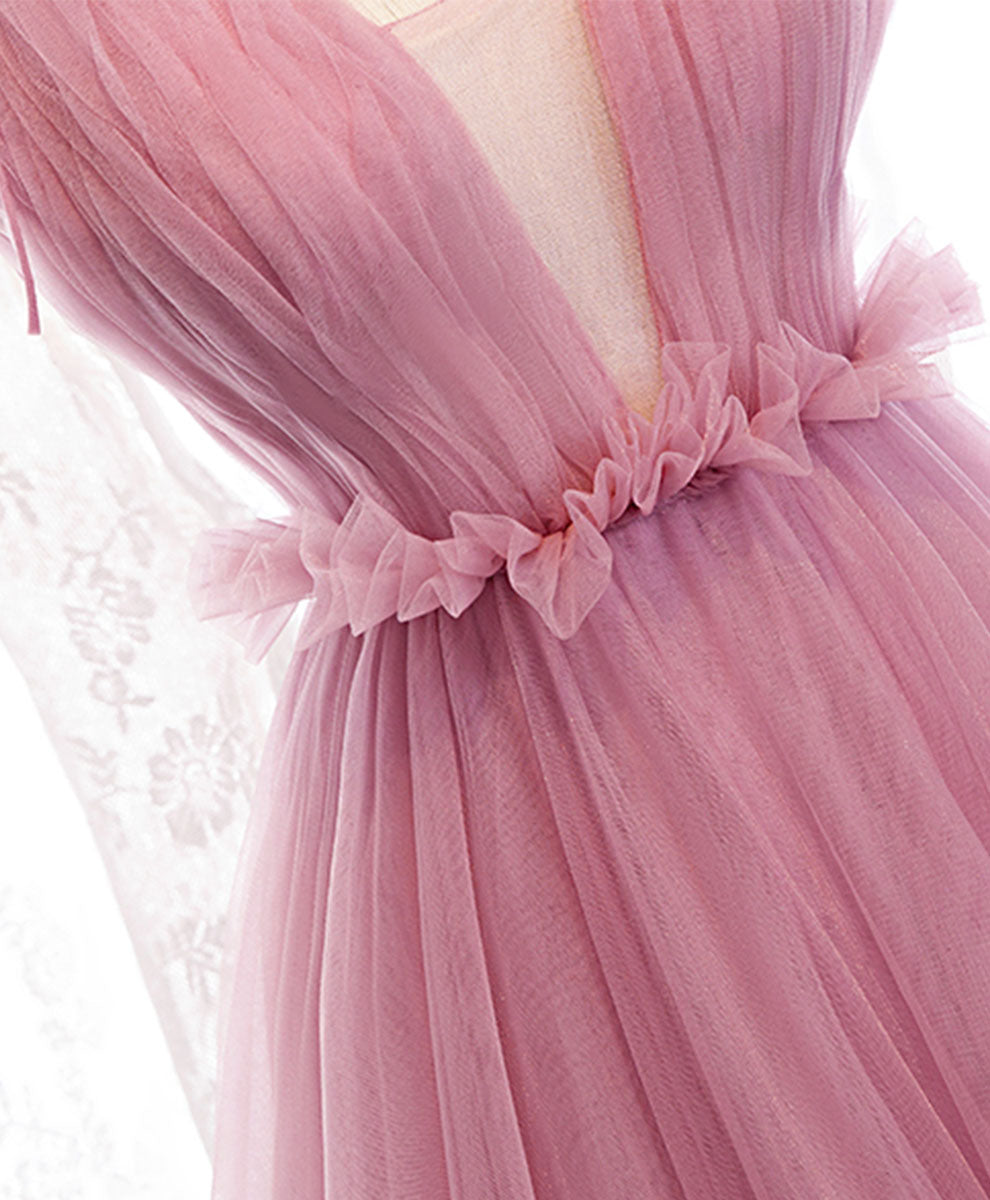A-Line V Neck Floor-Length Pink Tulle Prom Dress with Spaghetti Straps