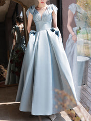 A-Line V-Neck Floor-Length Dusty Blue Satin Prom Dress with Bow Shoulder Straps and Beaded Bodice