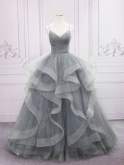 Blue A-Line V Neck Floor-Length Tulle Prom Dress with Tiered Ruffle Skirt