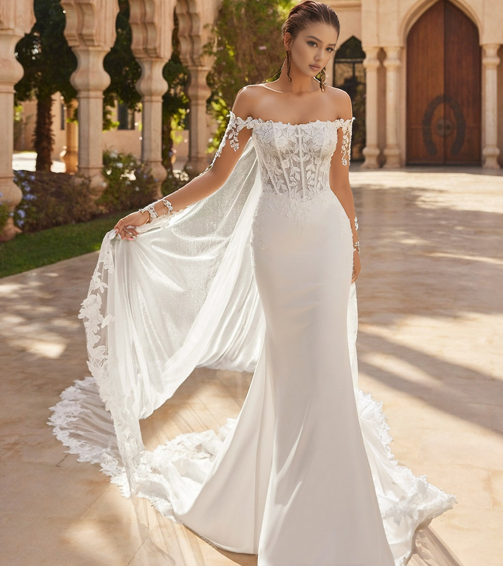 Mermaid Satin Lace Corset Off Shoulder Boho Wedding Dresses for Bride HE876