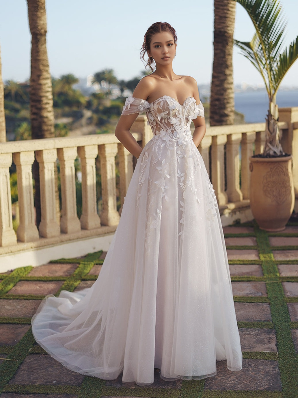 A-Line Off-the-Shoulder Floor-Length Tulle Lace Floral Appliqué Prom Dress