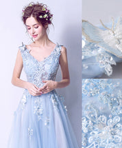 A-Line V-Neck Floor-Length Tulle Dress with 3D Floral Lace Appliqué Prom Dress