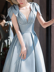 A-Line V-Neck Floor-Length Dusty Blue Satin Prom Dress with Bow Shoulder Straps and Beaded Bodice