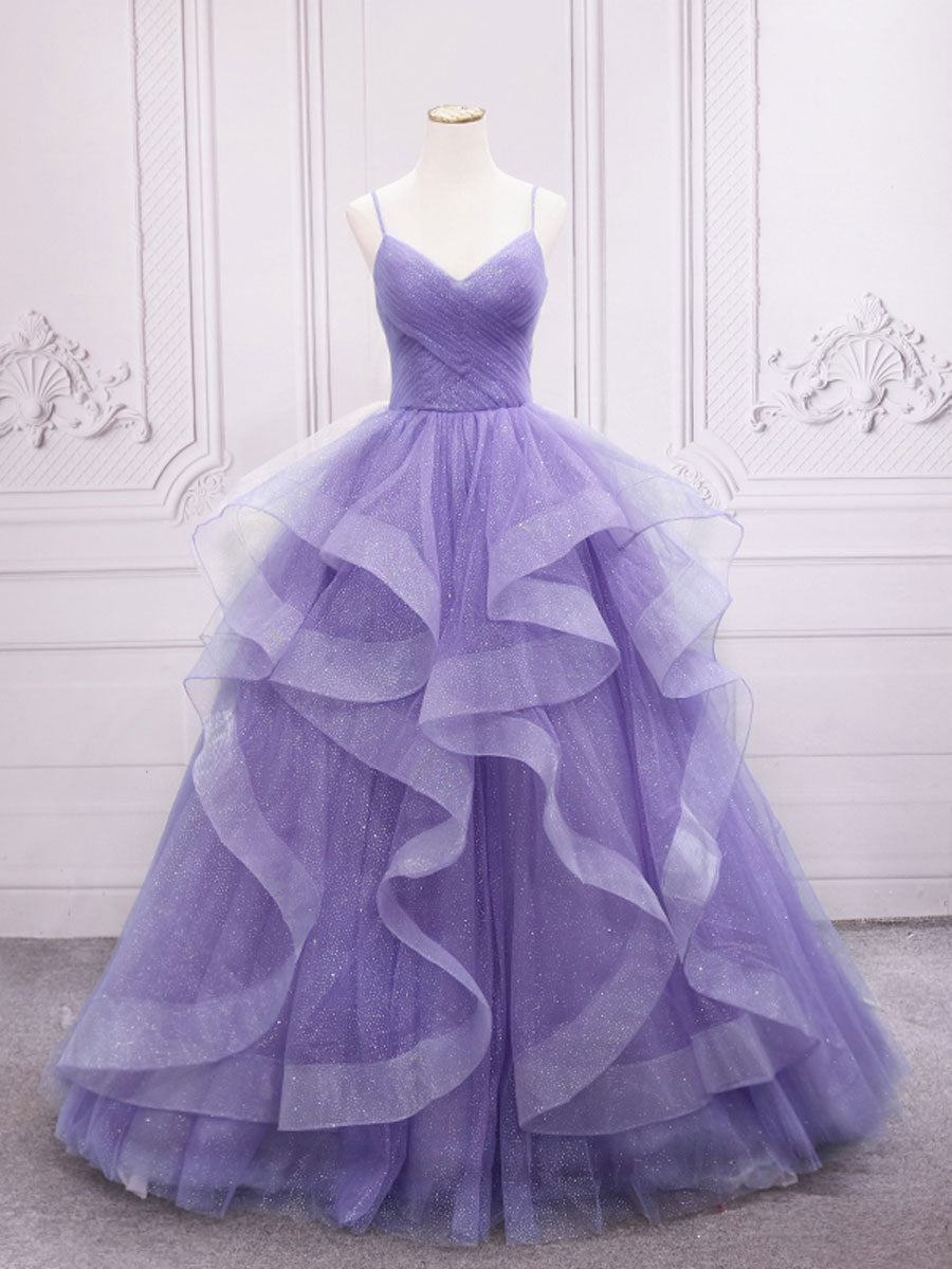 Blue A-Line V Neck Floor-Length Tulle Prom Dress with Tiered Ruffle Skirt