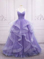 Blue A-Line V Neck Floor-Length Tulle Prom Dress with Tiered Ruffle Skirt