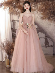 A-Line Blush Sweetheart Neck Floor-Length Tulle Prom Dress with Spaghetti Straps and Floral Waist Detail