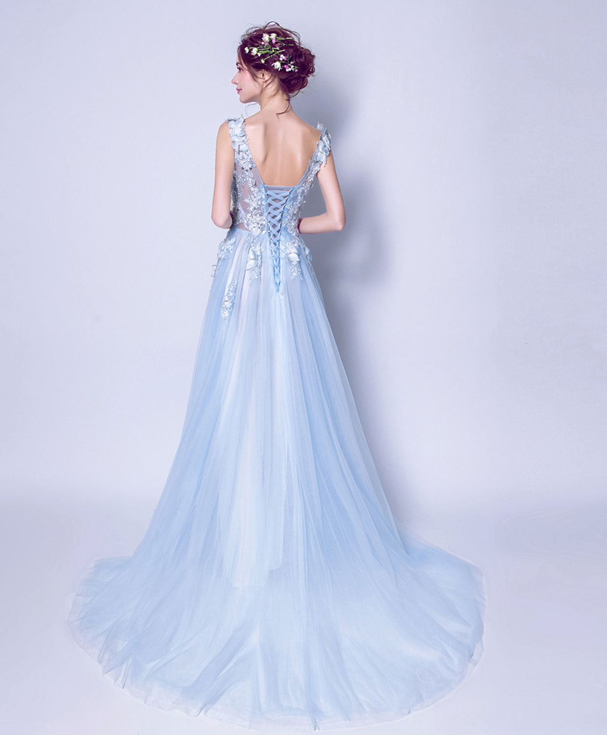 A-Line V-Neck Floor-Length Tulle Dress with 3D Floral Lace Appliqué Prom Dress