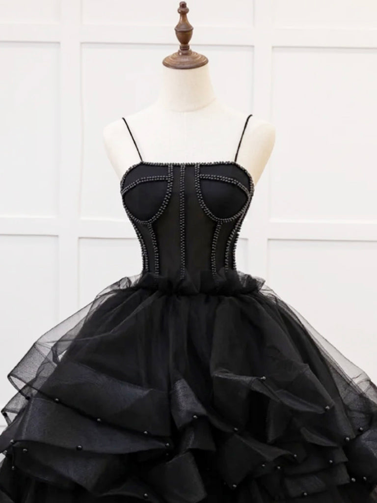 A-Line Tulle Beads Black Long Prom Dress, Black Sweet 16 Dress