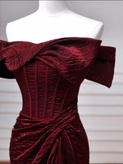 Mermaid Off-the-Shoulder Floor-Length Special Material Burgundy Prom Dress with Draped Bow Detail