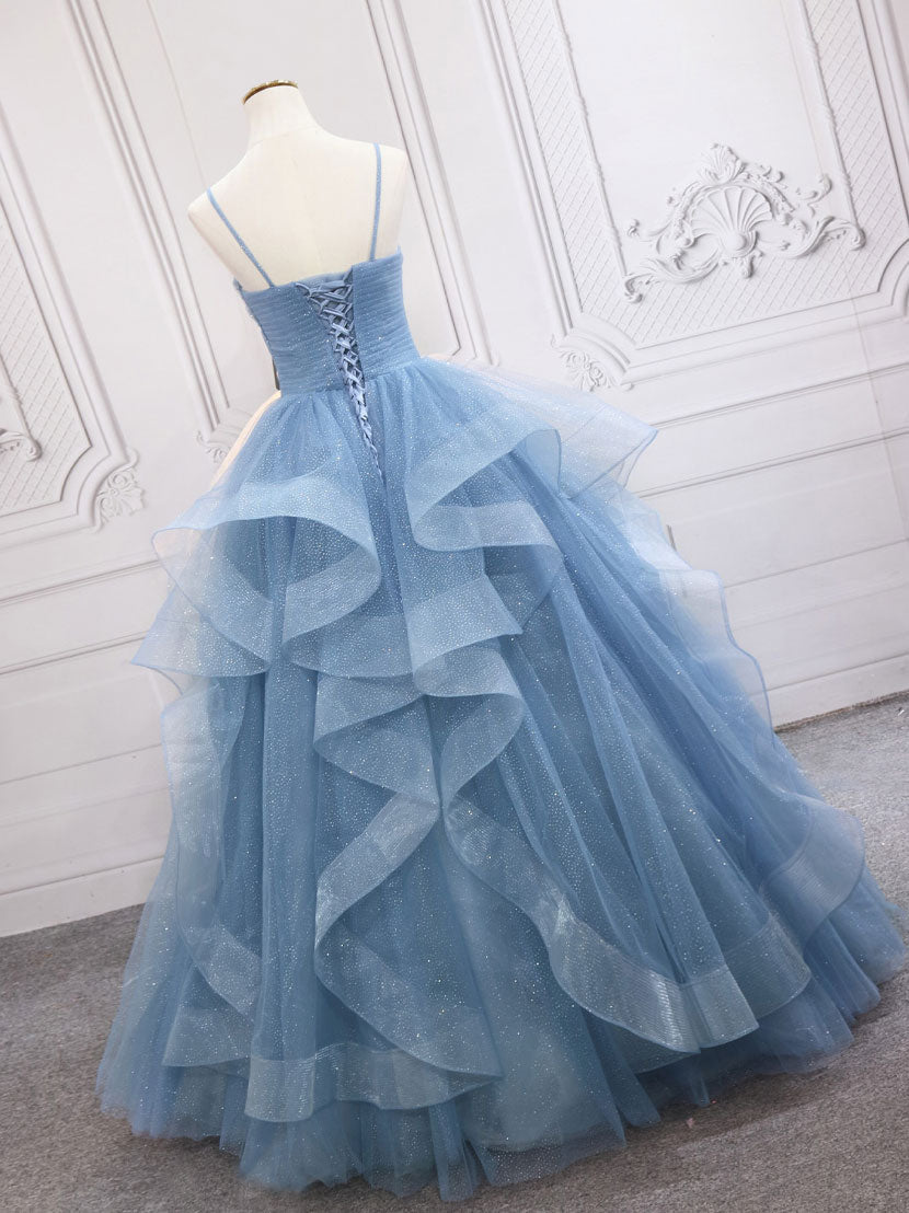 Blue A-Line V Neck Floor-Length Tulle Prom Dress with Tiered Ruffle Skirt