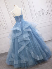 Blue A-Line V Neck Floor-Length Tulle Prom Dress with Tiered Ruffle Skirt