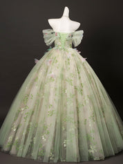 A-Line Off-Shoulder Tulle Lace Green Long Prom Dress | Elegant Formal Evening Gown