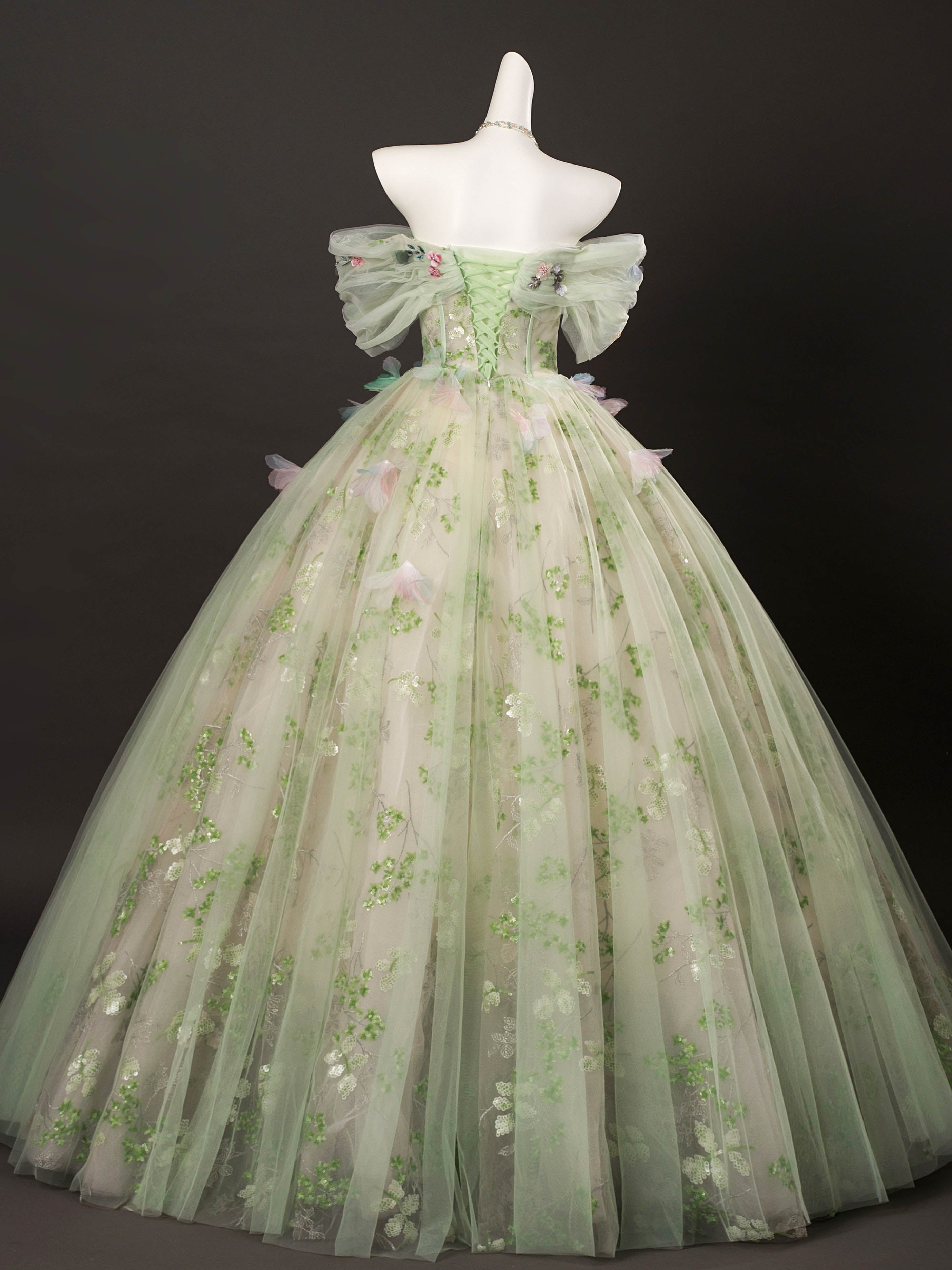 A-Line Off-Shoulder Tulle Lace Green Long Prom Dress | Elegant Formal Evening Gown