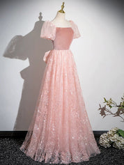 A-Line Tulle Lace Velvet Pink Long Prom Dress, Pink Long Formal Dress