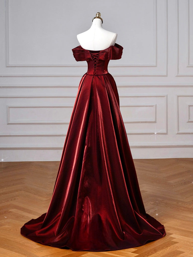 Simple Off Shoulder Satin Burgundy Long Prom Dress, Burgundy Long Formal Dress