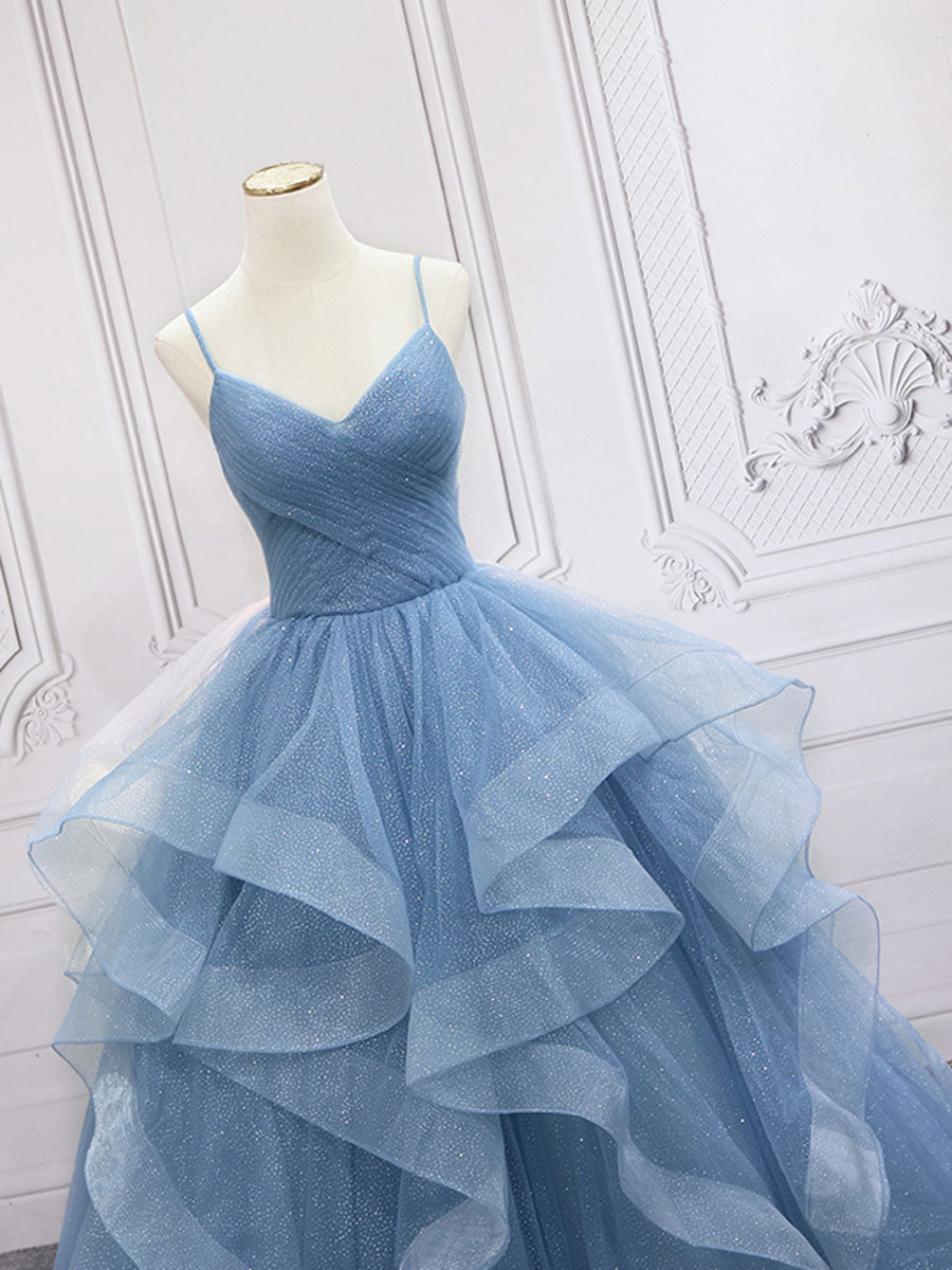 Blue A-Line V Neck Floor-Length Tulle Prom Dress with Tiered Ruffle Skirt