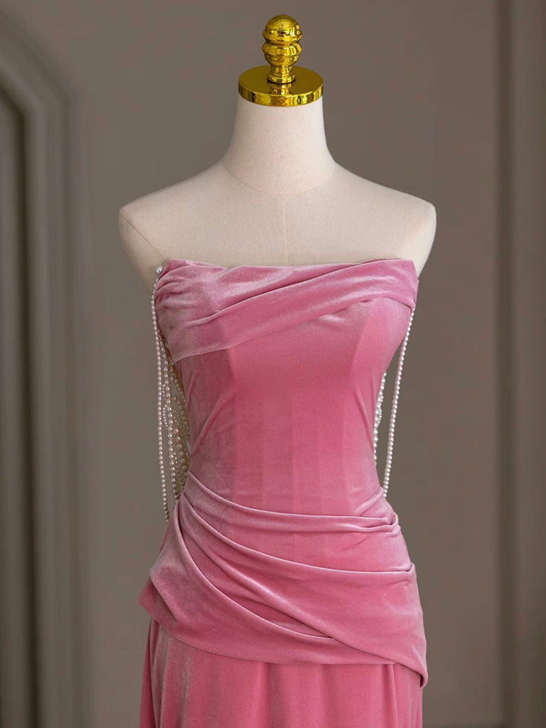 Sheath Rose Pink Square Neck Floor-Length Velvet Draped Prom Dress with Pearl Chain Back Detail