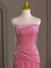 Sheath Rose Pink Square Neck Floor-Length Velvet Draped Prom Dress with Pearl Chain Back Detail