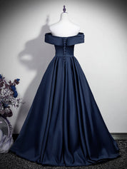 A-Line Straight Neck Floor-Length Navy Satin Prom Dress with Sculpted Off-the-Shoulder Bodice