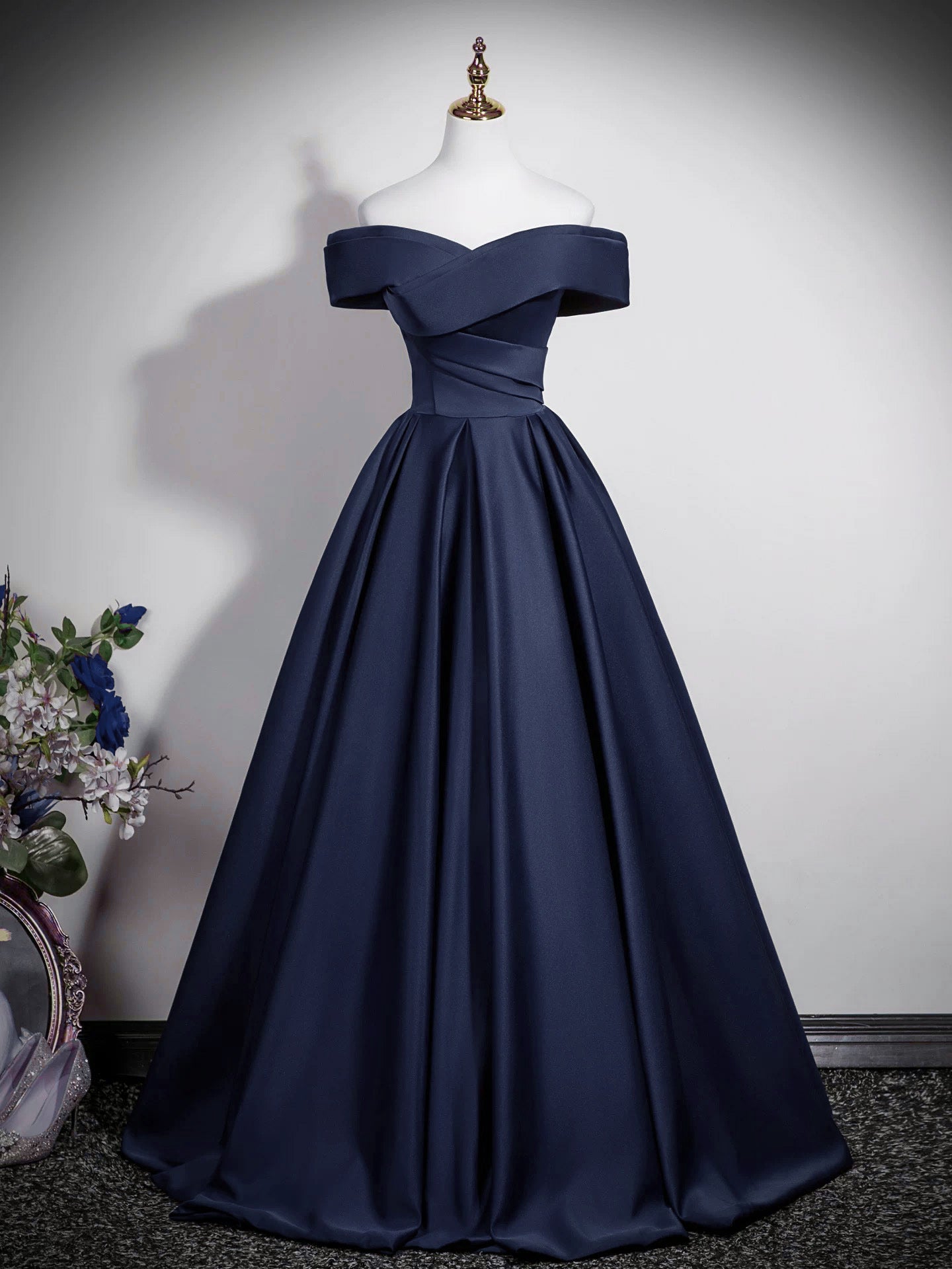 A-Line Straight Neck Floor-Length Navy Satin Prom Dress with Sculpted Off-the-Shoulder Bodice