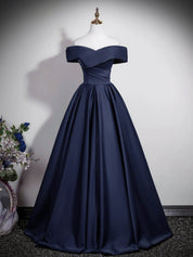 A-Line Straight Neck Floor-Length Navy Satin Prom Dress with Sculpted Off-the-Shoulder Bodice