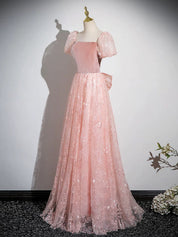 A-Line Tulle Lace Velvet Pink Long Prom Dress, Pink Long Formal Dress