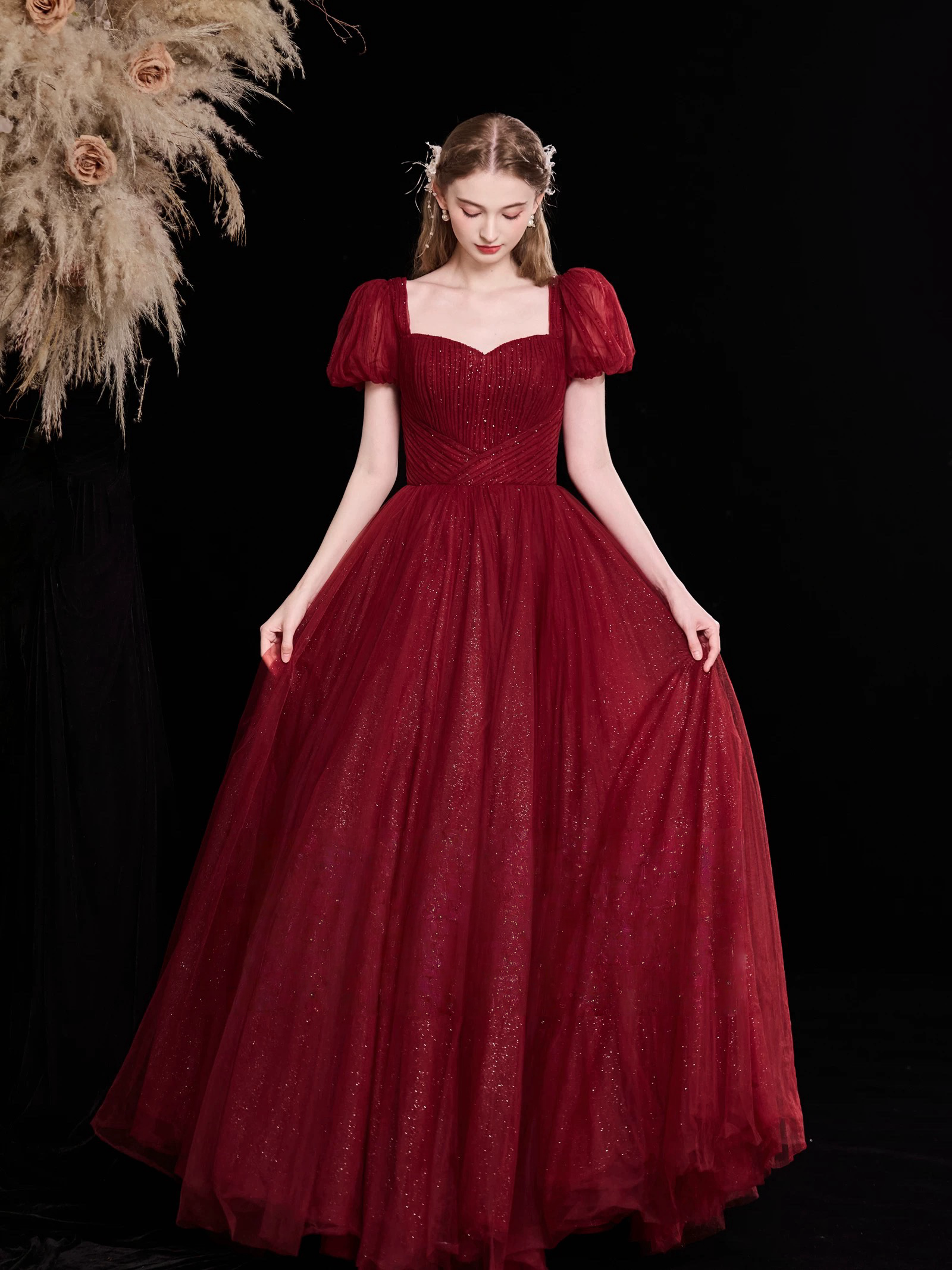 A-Line Sweetheart Neck Floor-Length Burgundy Tulle Prom Dress with Puff Sleeves