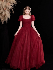 A-Line Sweetheart Neck Floor-Length Burgundy Tulle Prom Dress with Puff Sleeves