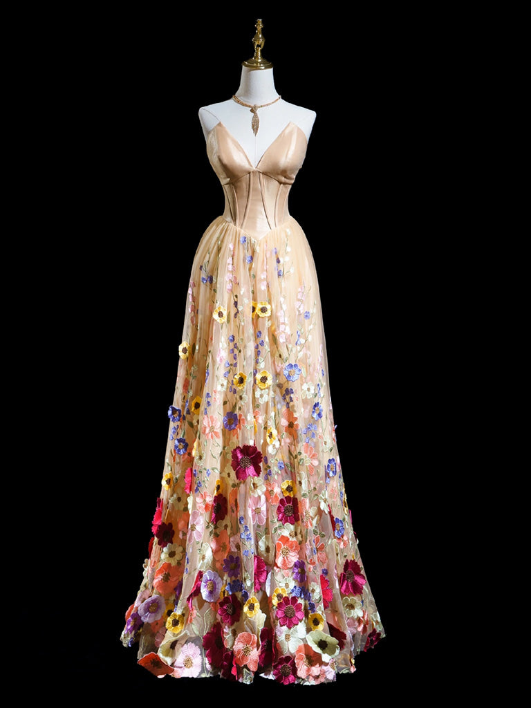 A-Line V Neck Tulle Lace Champagne Long Prom Dress, Champagne Formal Dress